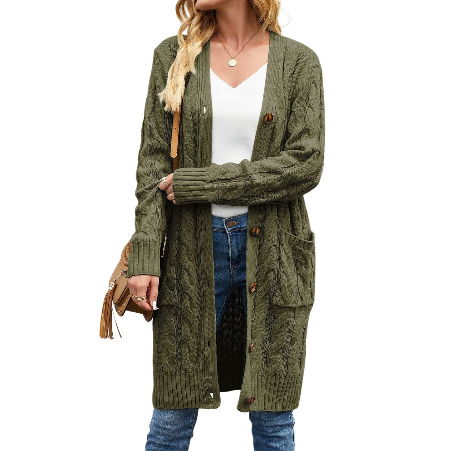 Noelle – lang dames cardigan vest van polyester met knoopsluiting en zakken