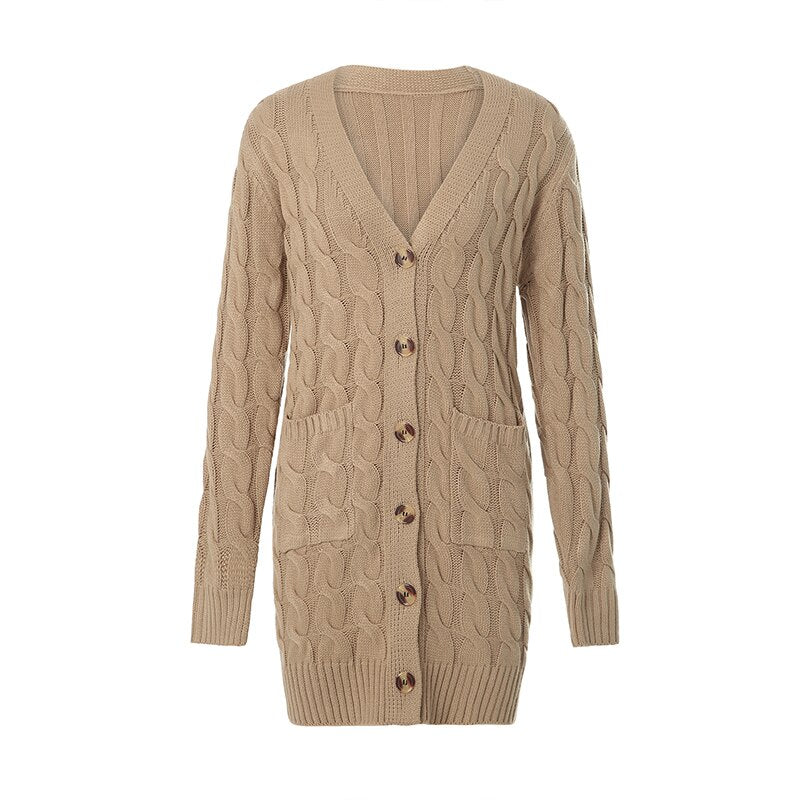 Noelle – lang dames cardigan vest van polyester met knoopsluiting en zakken