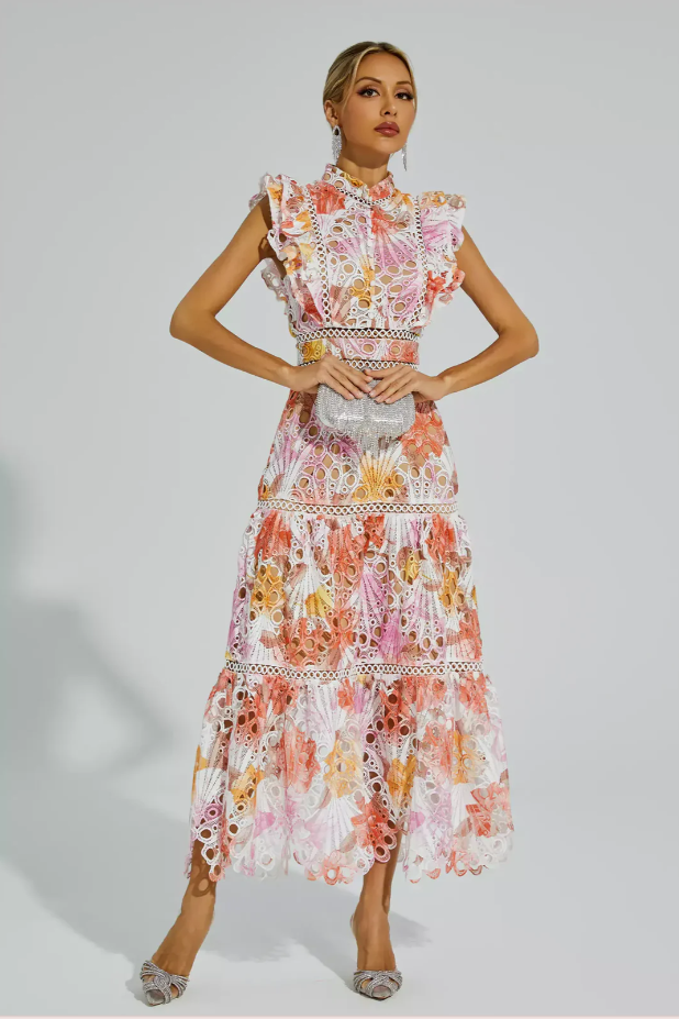 Fleur - Luchtige Maxi Jurk met Geborduurde kanten Bloemenprint