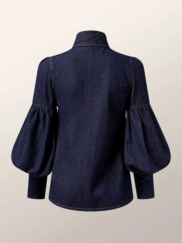 Christiana – Denim Dames Blouse Met Pofmouwen en Strik