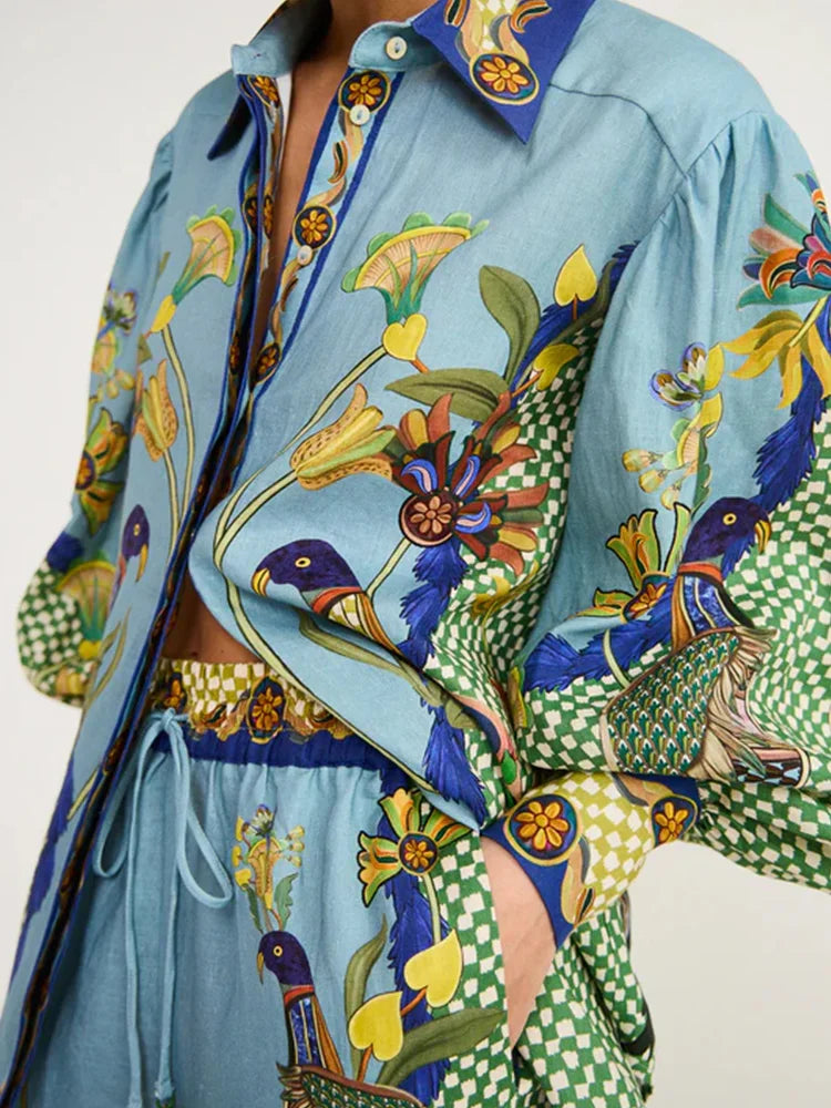 Luna – Linnen Zomer Blouse Set Met Exotische Print Met Knoopsluiting