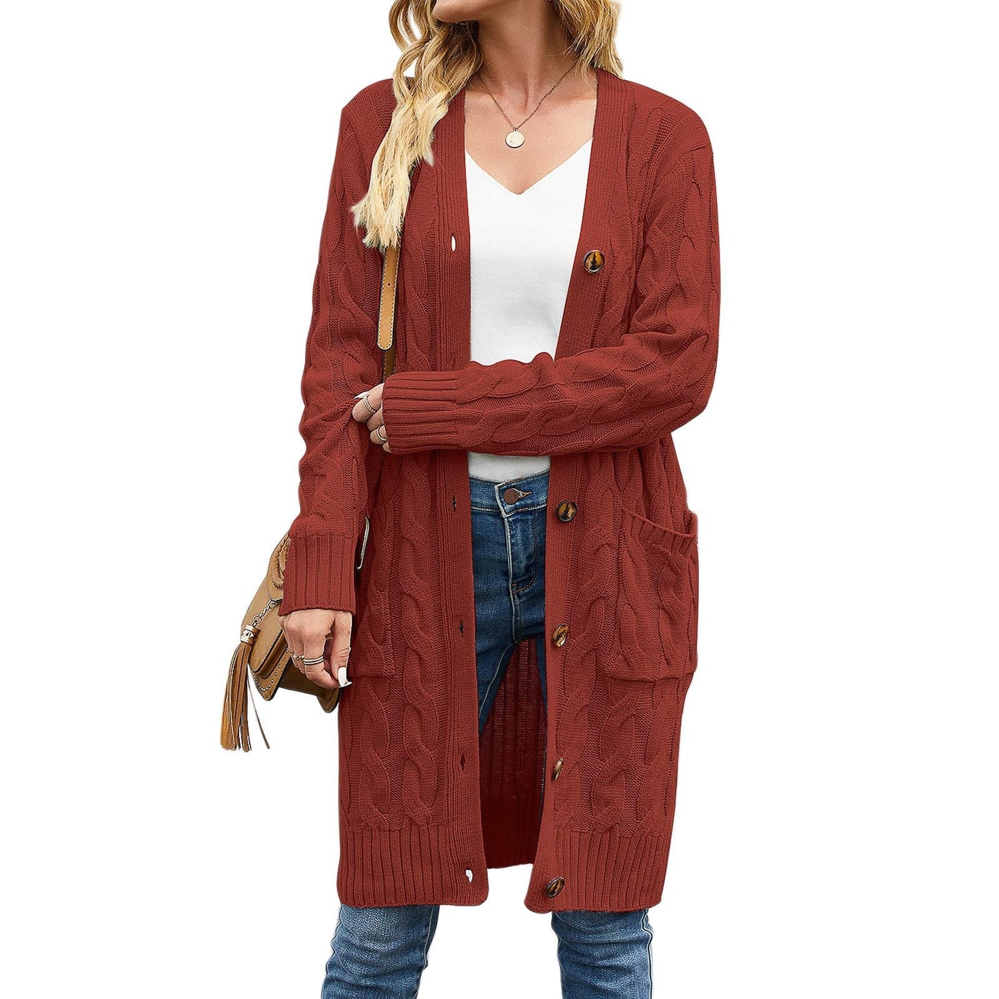 Noelle – lang dames cardigan vest van polyester met knoopsluiting en zakken