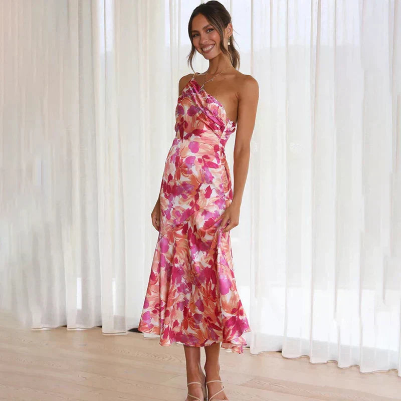 Madison – Roze One-shoulder bloemen maxi-jurk met asymmetrische hals