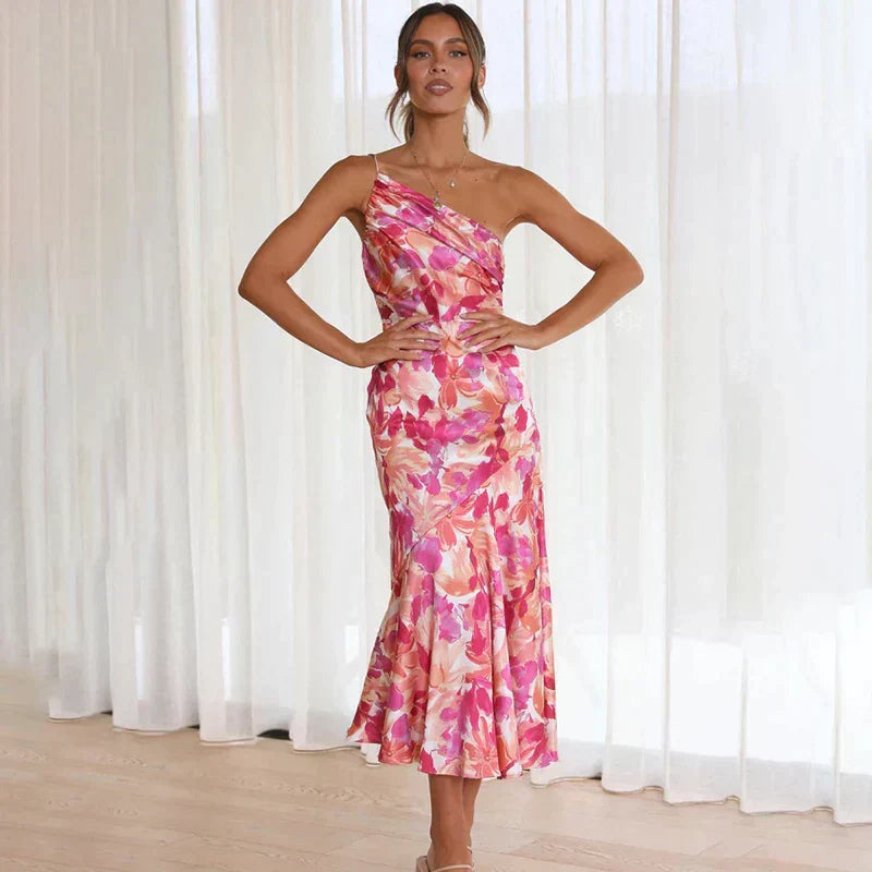 Madison – Roze One-shoulder bloemen maxi-jurk met asymmetrische hals