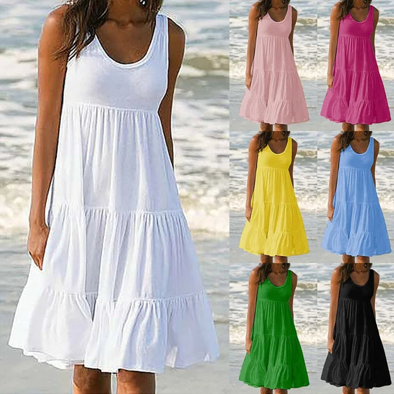 Yara – boho mini-jurk met mouwenloze snit en ruffle zoom