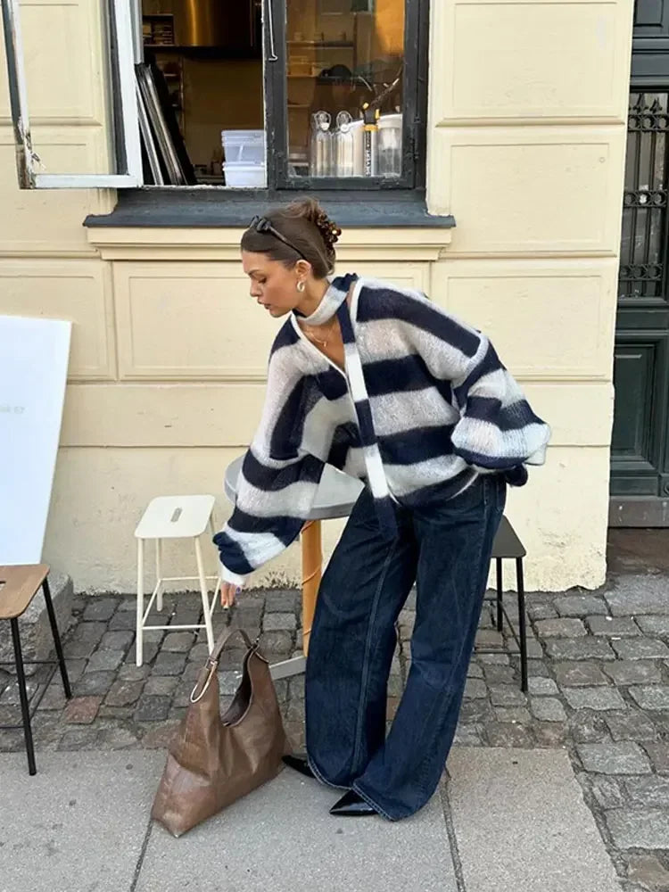 Vera – gestreept oversized cardigan vest met v-hals