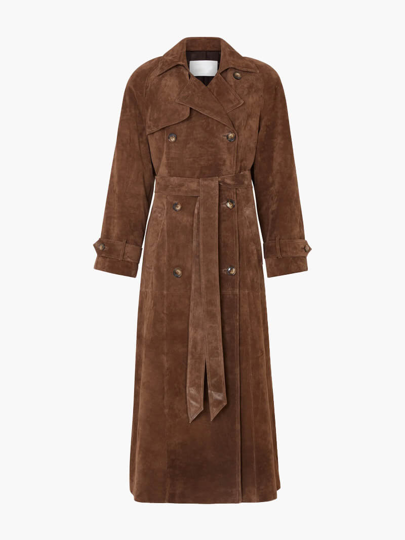 Anna – lange double-breasted suede trenchcoat met ceintuur