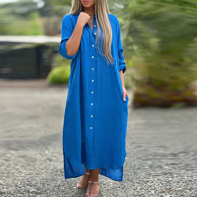 Luna – Oversized Linnen Maxi Overhemd Jurk Met Lange Mouwen