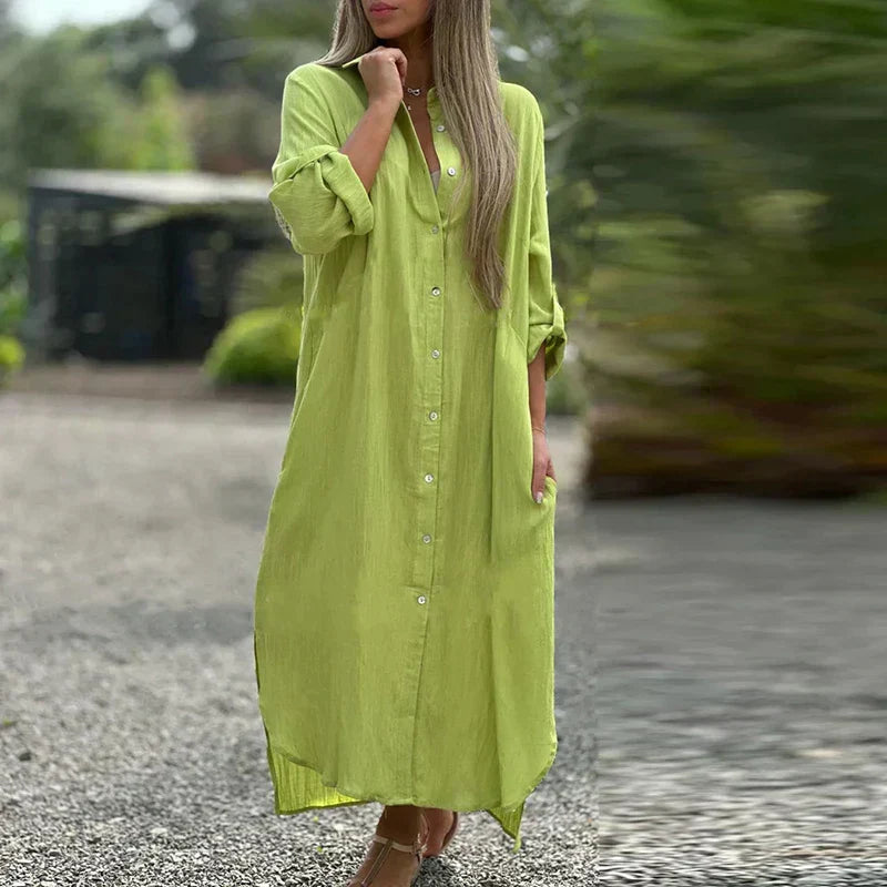 Luna – Oversized Linnen Maxi Overhemd Jurk Met Lange Mouwen