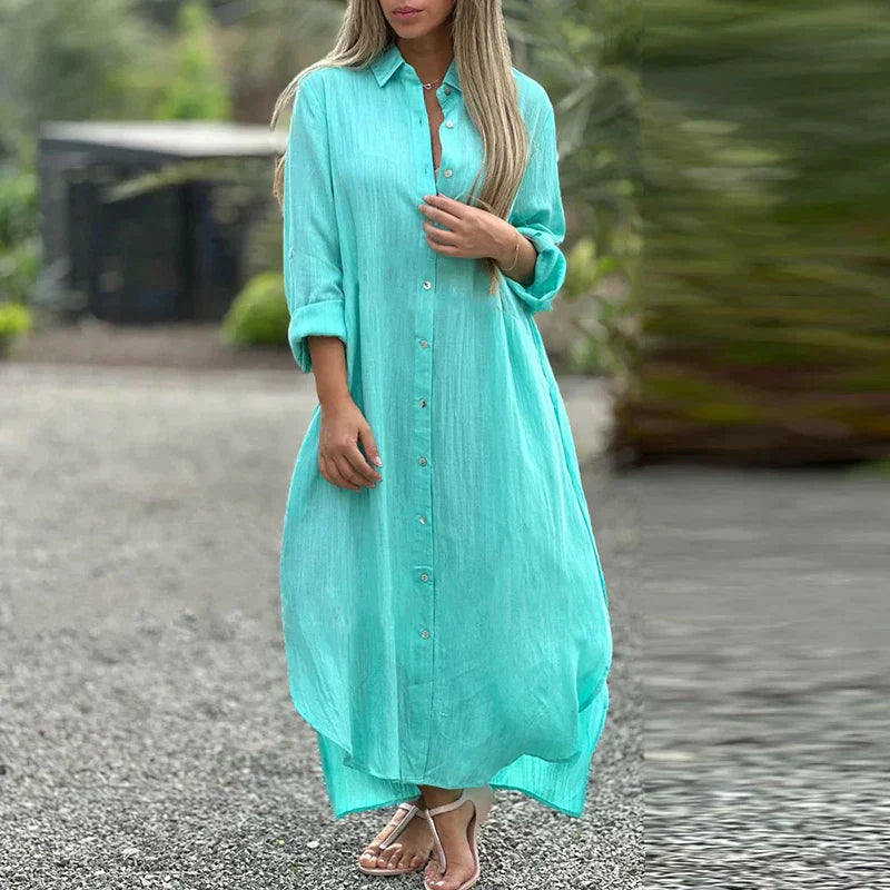 Luna – Oversized Linnen Maxi Overhemd Jurk Met Lange Mouwen