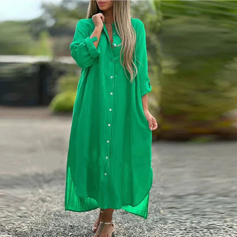 Luna – Oversized Linnen Maxi Overhemd Jurk Met Lange Mouwen