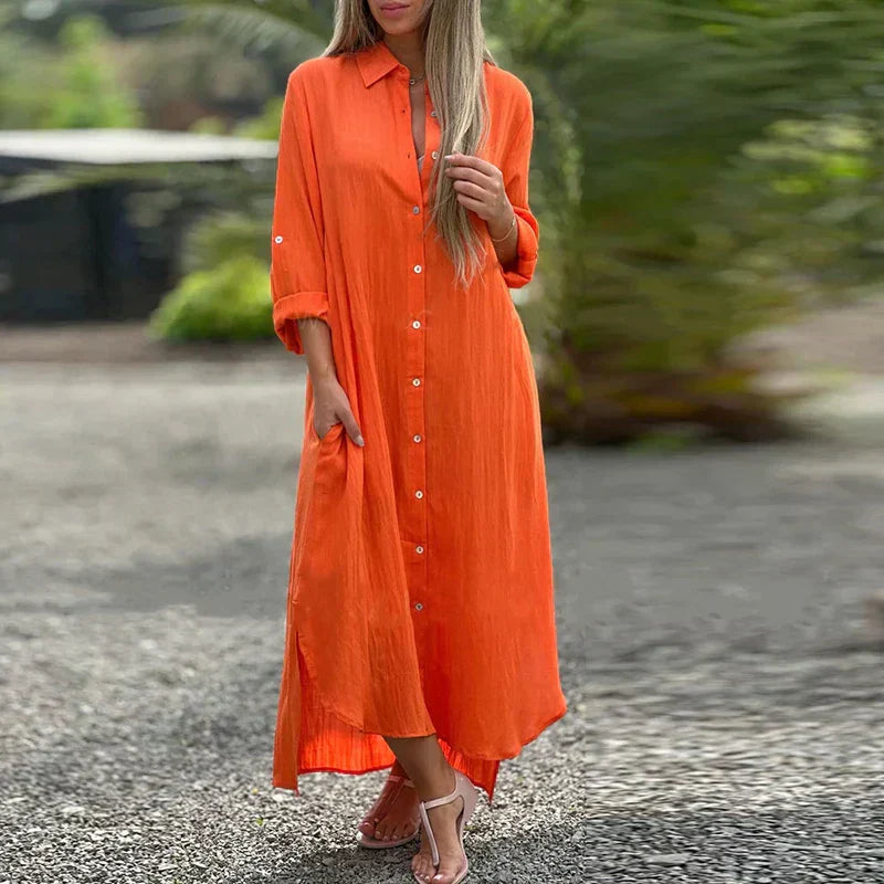 Luna – Oversized Linnen Maxi Overhemd Jurk Met Lange Mouwen