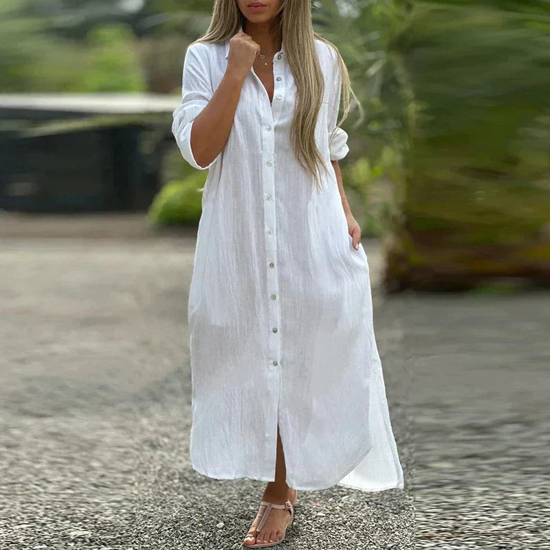 Luna – Oversized Linnen Maxi Overhemd Jurk Met Lange Mouwen