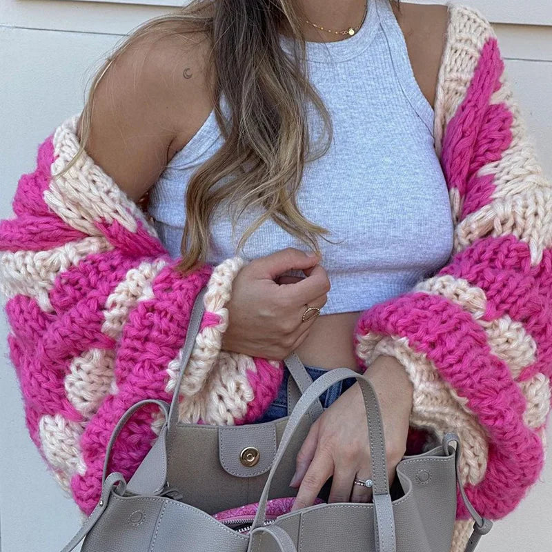 Yara – cropped cardigan vest met streeppatroon en lanternmouwen