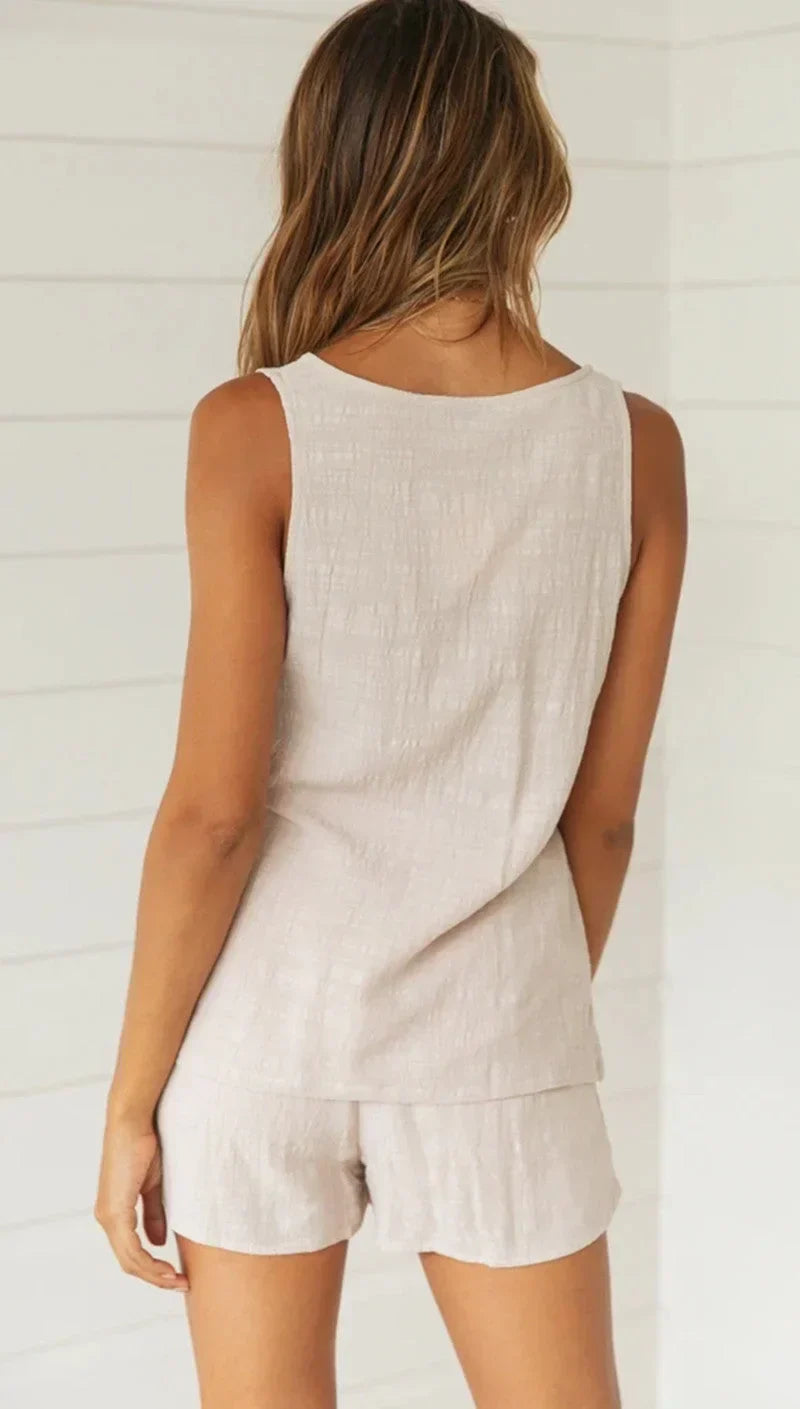 Elin - Luchtige Beige Linnen Set met Hoge Taille
