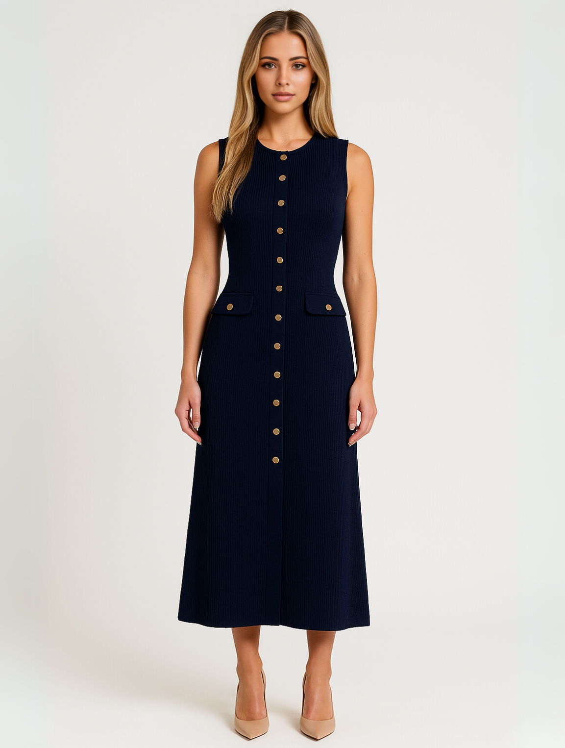 Anna – gebreide midi-jurk met knoopsluiting en taillezakken
