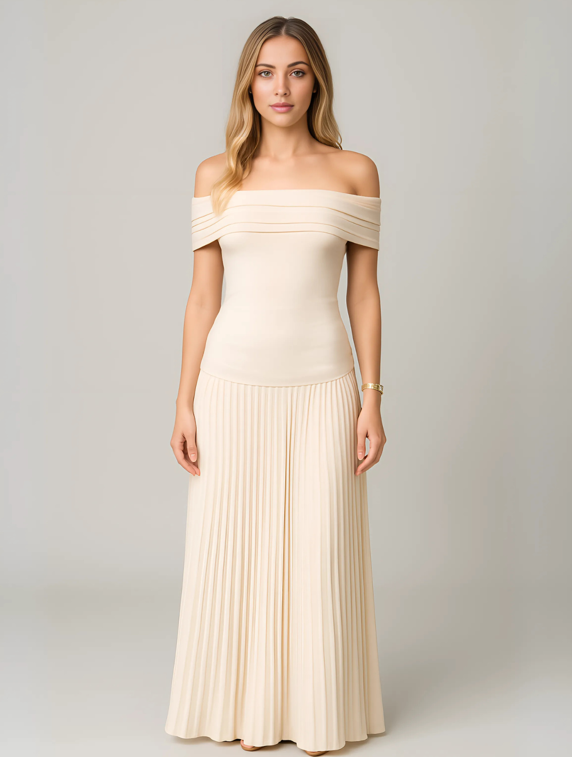 Isabella – off-shoulder maxi-jurk met geplisseerde rok en gelaagde bandjes