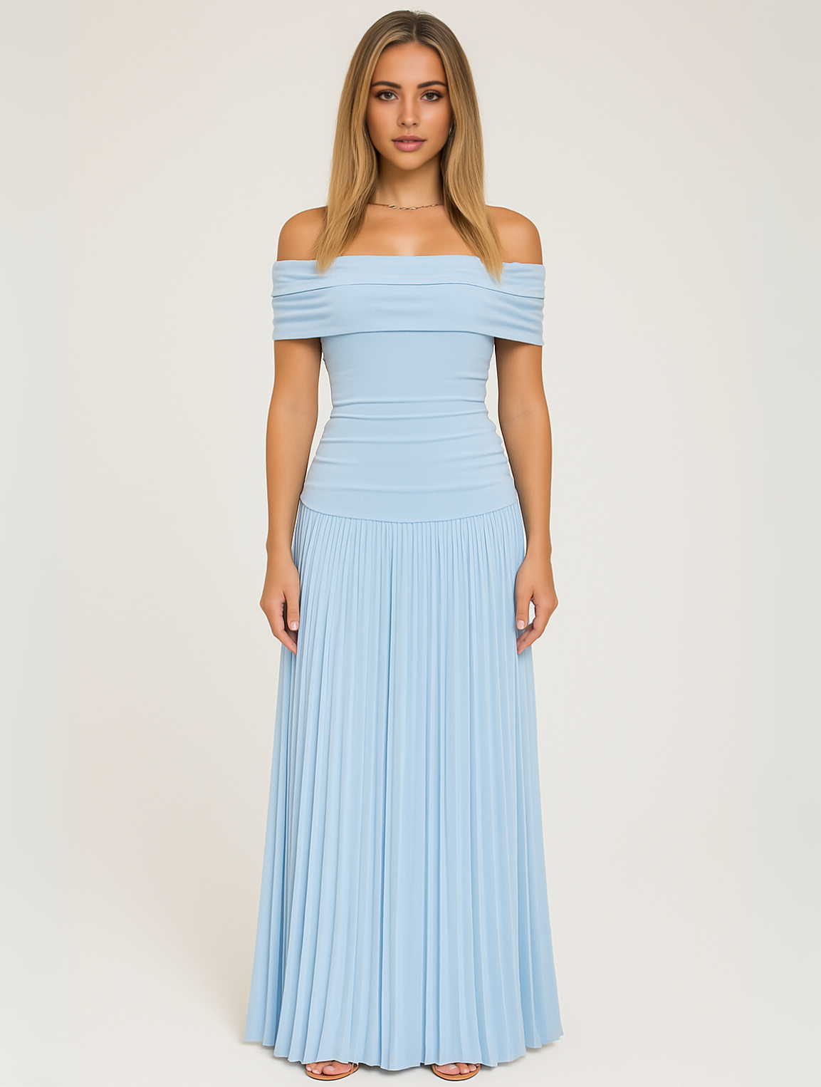 Isabella – off-shoulder maxi-jurk met geplisseerde rok en gelaagde bandjes