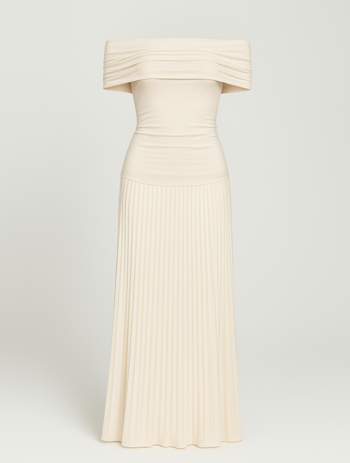 Isabella – off-shoulder maxi-jurk met geplisseerde rok en gelaagde bandjes