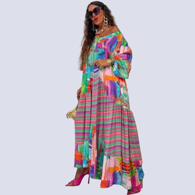 Imelda – Boho maxi-jurk met V-hals en kleurrijke vintage print