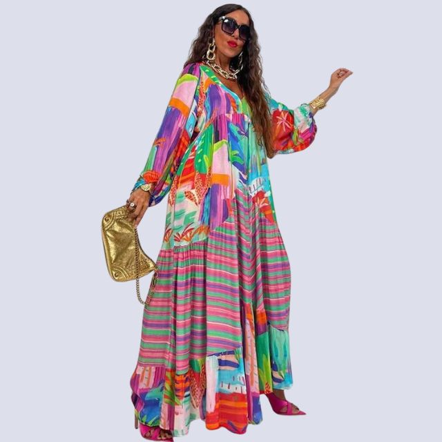 Imelda – Boho maxi-jurk met V-hals en kleurrijke vintage print