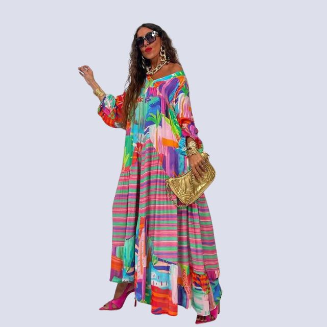 Imelda – Boho maxi-jurk met V-hals en kleurrijke vintage print
