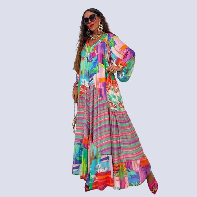Imelda – Boho maxi-jurk met V-hals en kleurrijke vintage print