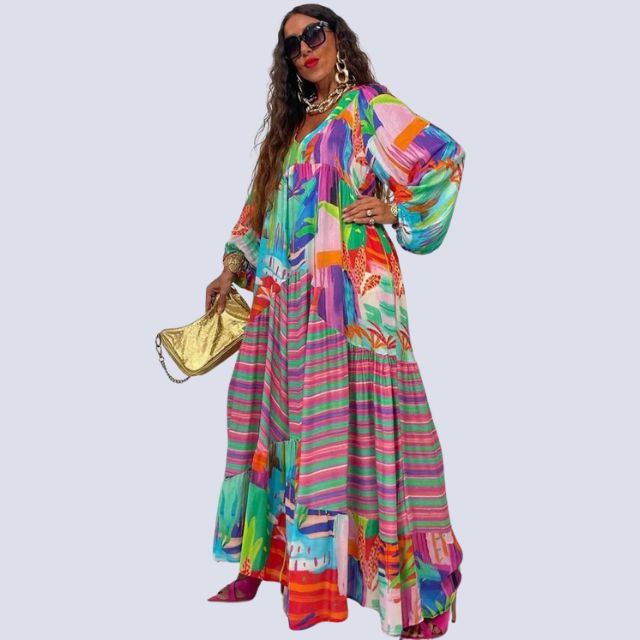 Imelda – Boho maxi-jurk met V-hals en kleurrijke vintage print