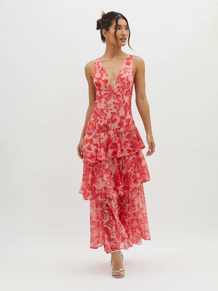 Livia – bloemen maxi-jurk met asymmetrische lagen en diepe V-hals