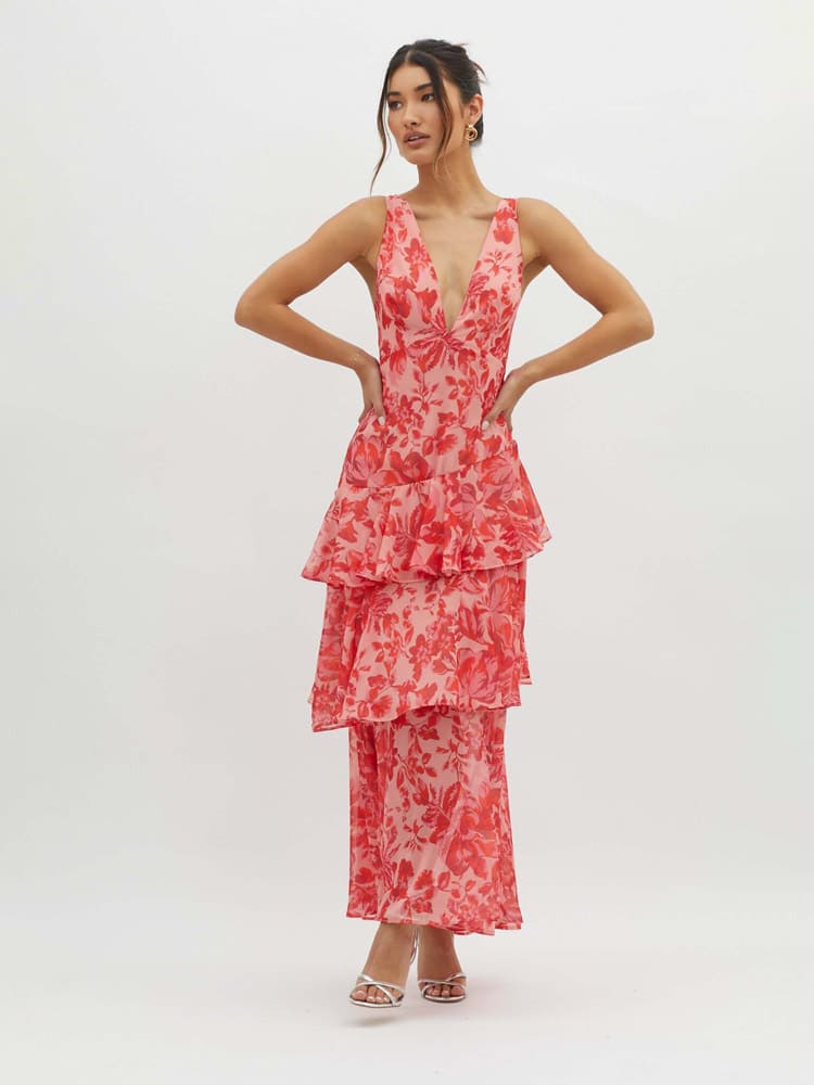 Livia – bloemen maxi-jurk met asymmetrische lagen en diepe V-hals