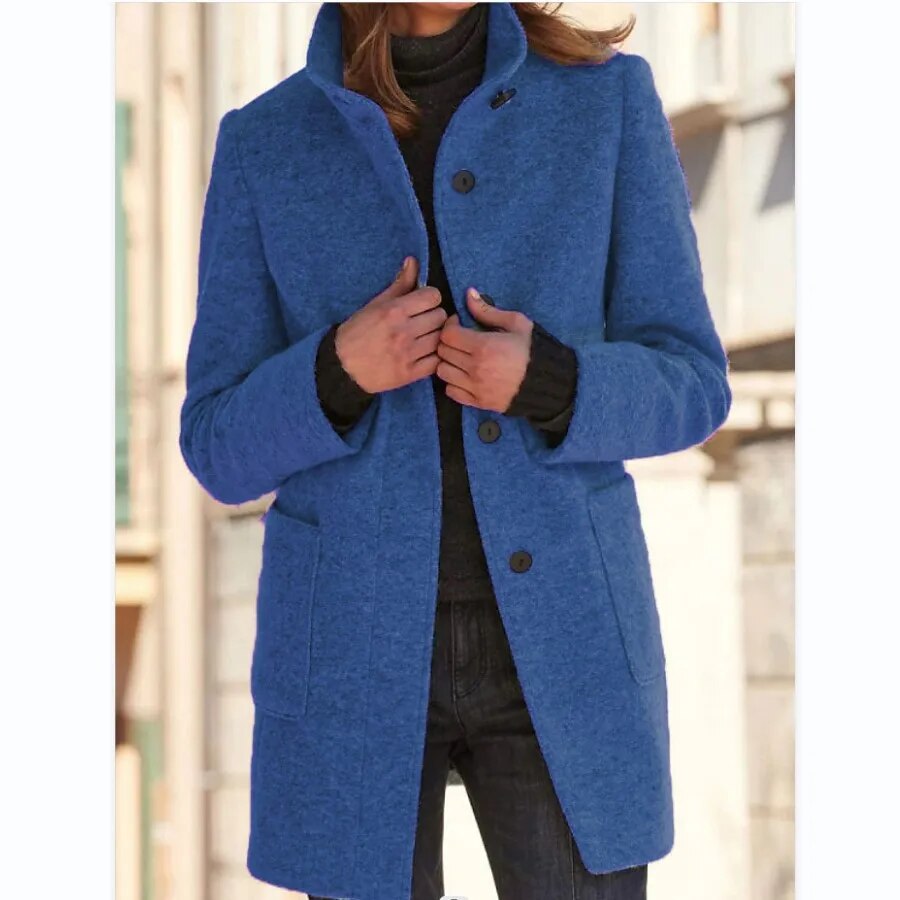 Alina – dames trenchcoat van wol-polyester mix met ronde hals en knoopsluiting