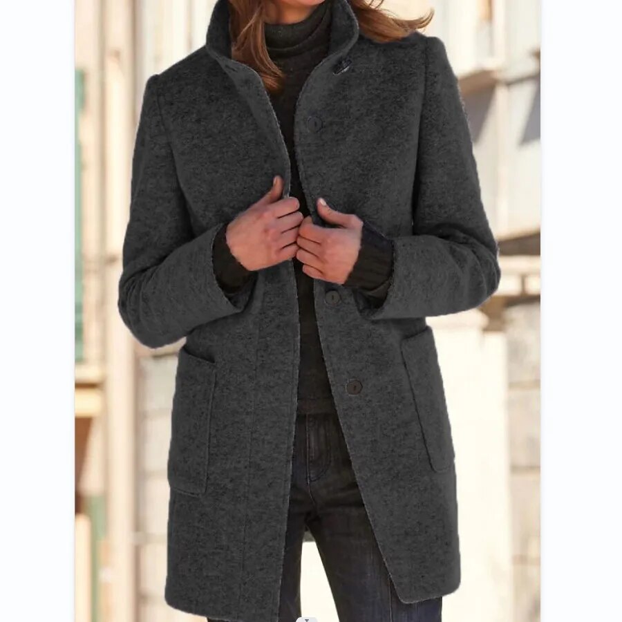 Alina – dames trenchcoat van wol-polyester mix met ronde hals en knoopsluiting