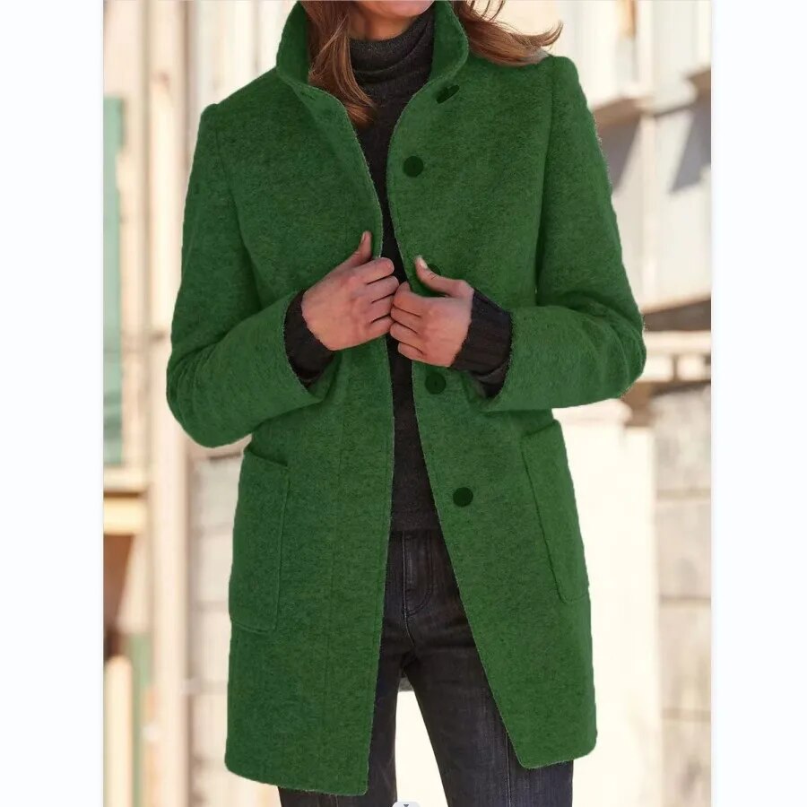 Alina – dames trenchcoat van wol-polyester mix met ronde hals en knoopsluiting