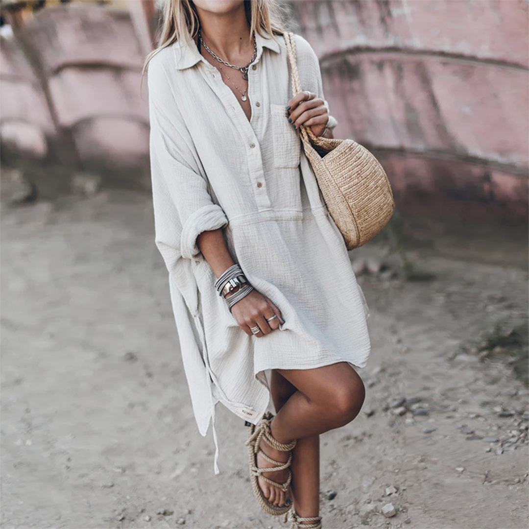 Sheila – Midi V-hals zomer jurk met losse pasvorm veters details