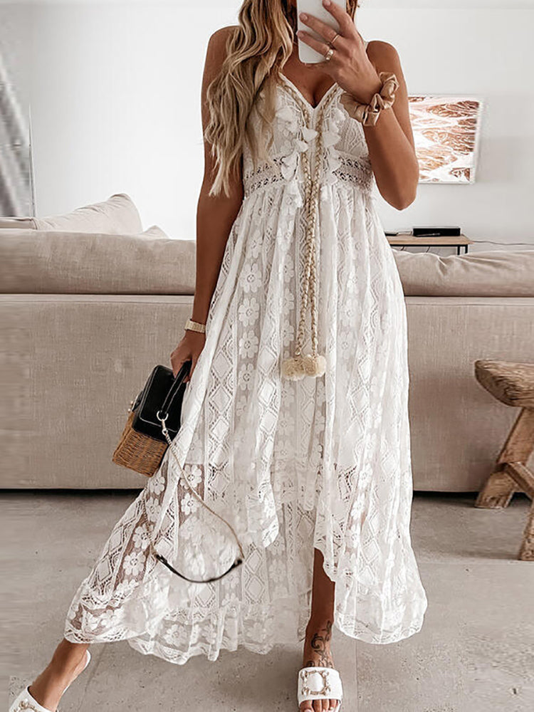 Mara – maxidress met diepe V-hals en romantisch boho kant