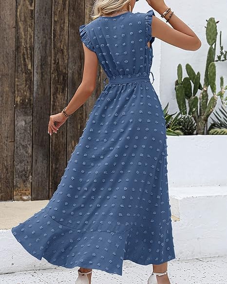 Elena – V-hals Maxi zomer jurk met ruches en strikceintuur in de taille