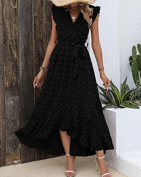 Elena – V-hals Maxi zomer jurk met ruches en strikceintuur in de taille