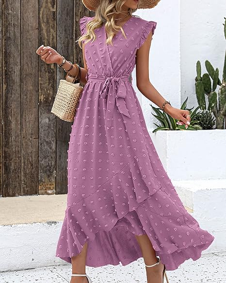 Elena – V-hals Maxi zomer jurk met ruches en strikceintuur in de taille