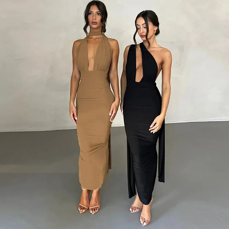 Clara – maxi jurk met diepe V-hals en elegante drapering