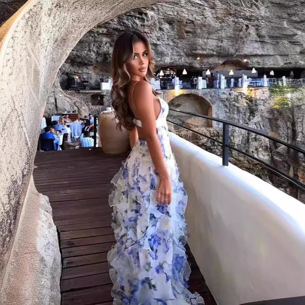 Fleur – Delftsblauwe Print Maxi Jurk Met Ruffles En V-hals