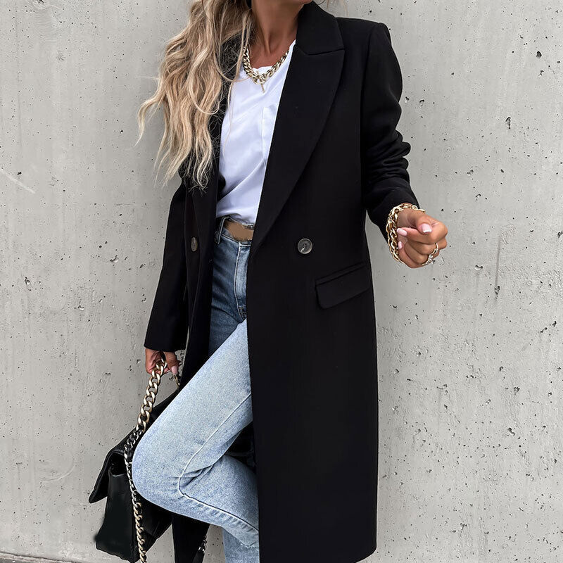 Elena – Lange Wollen Trenchcoat Met Revers En Dubbele Knopen
