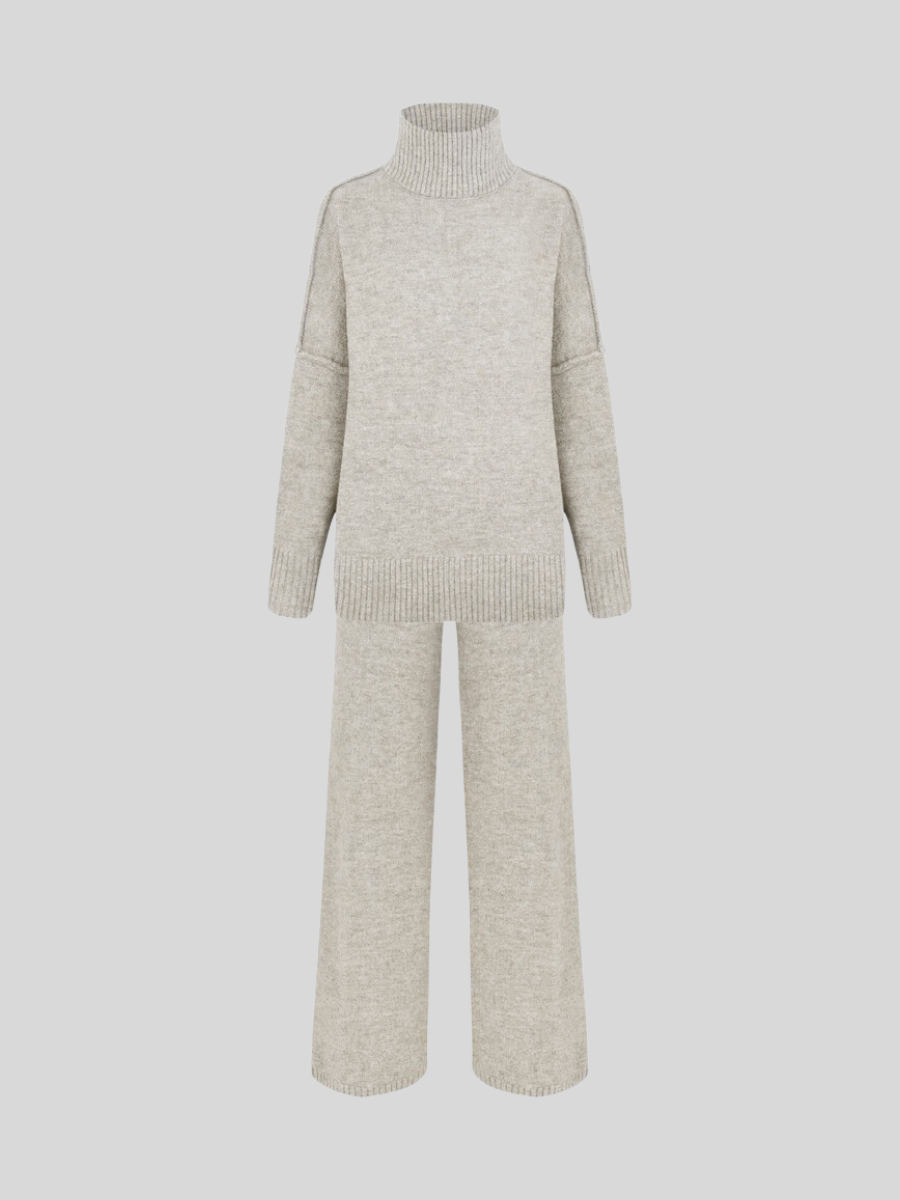 Hazel – lounge set van zachte knit met hoge col en wijde broek