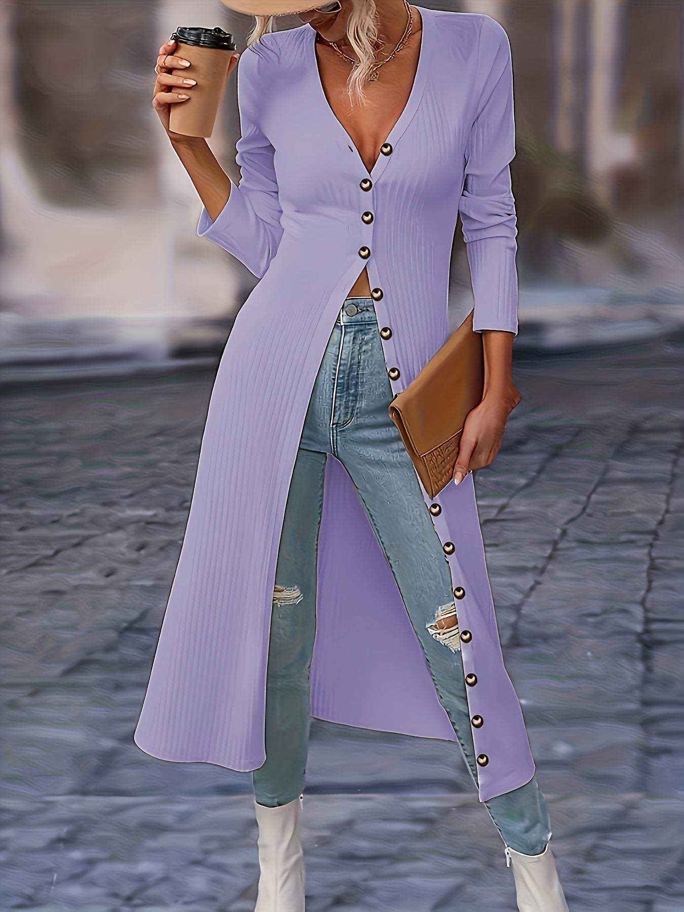 Mila – lange dames cardigan vest met knopen en V-hals