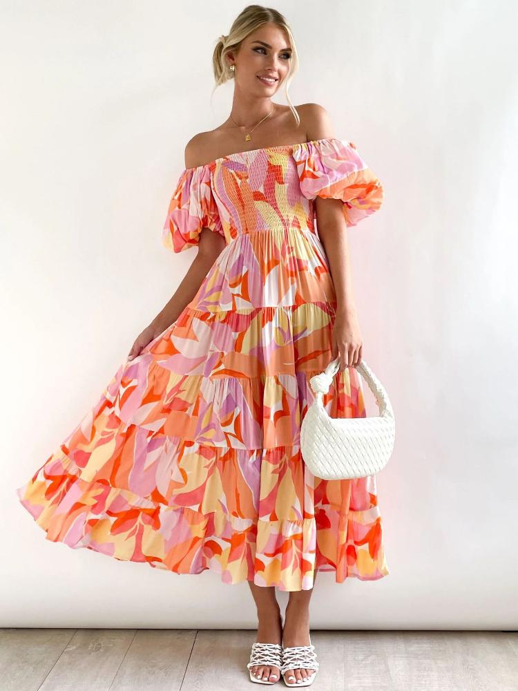 Mira - Maxi jurk roze met off-shoulder en elastische taille