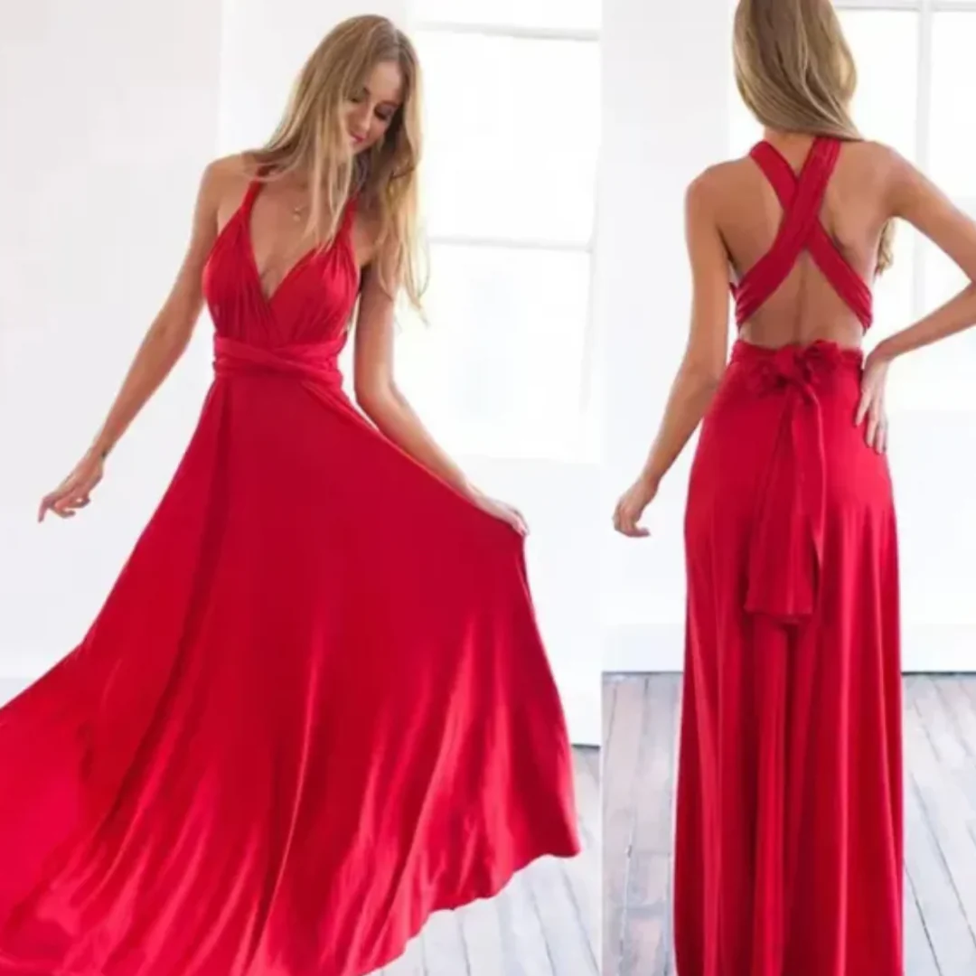 Soraya – Maxi-jurk met gekruiste halterrug soepele stof en strikdetail in de taille