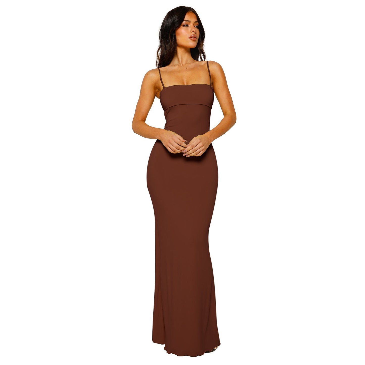 Sofia – Zwarte bodycon maxi-jurk van zijde met open rug en elegante halslijn