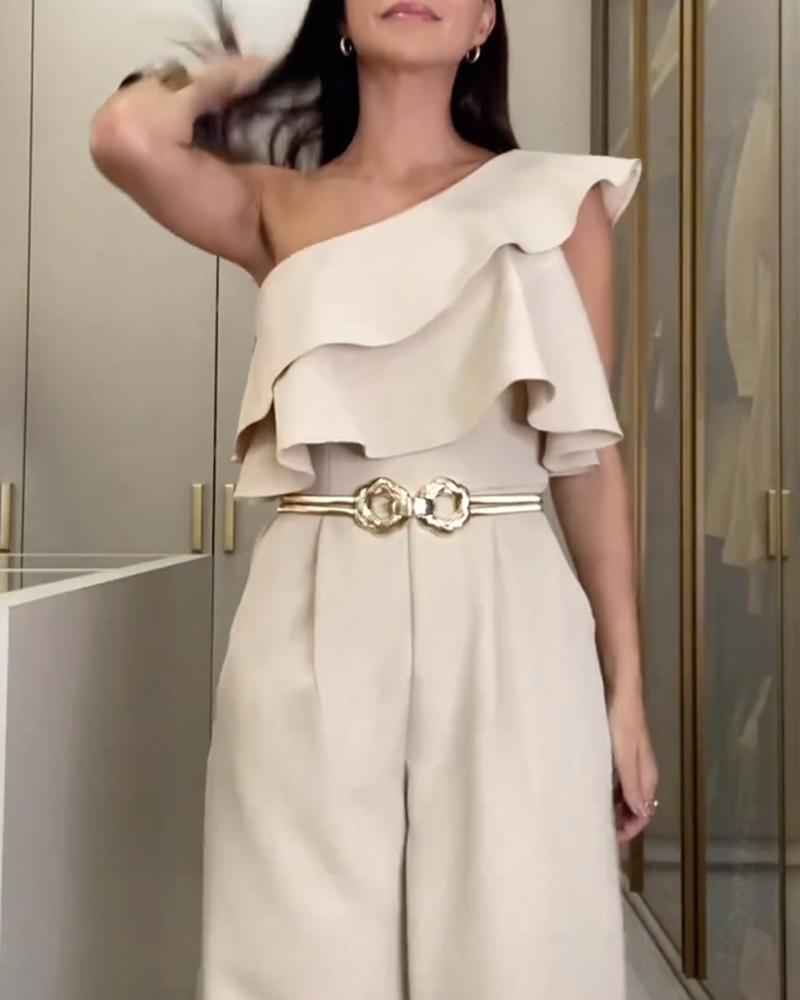 Sophia One-Shoulder Jumpsuit Met Ruches en Wijde Pijpen