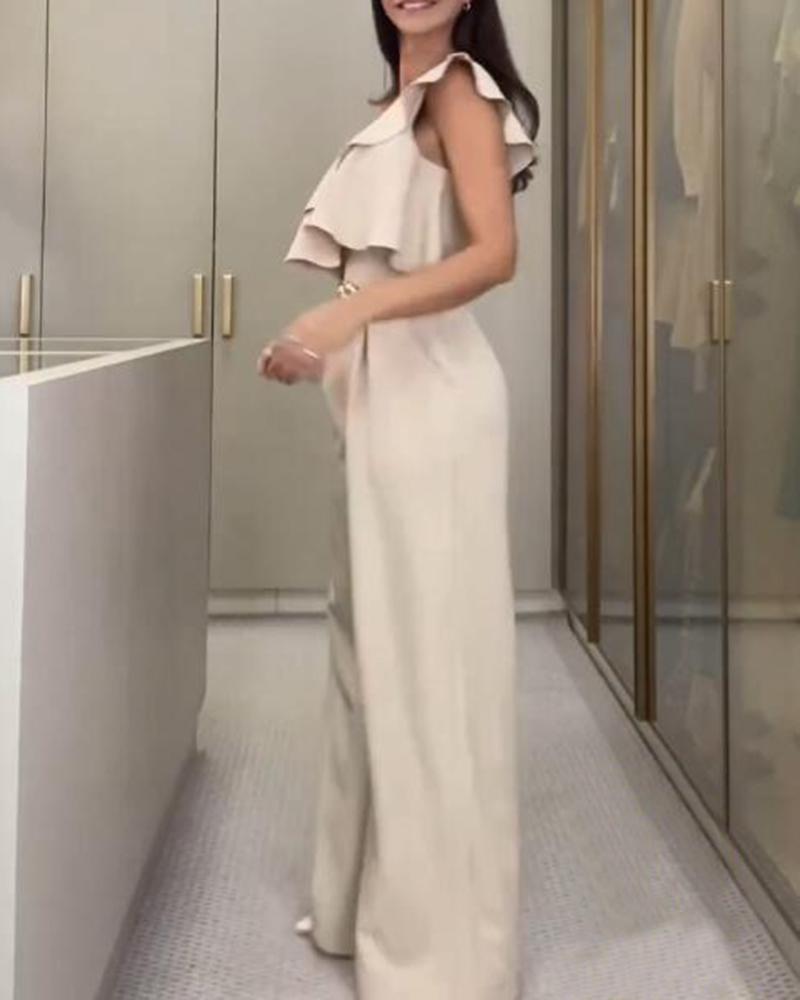 Sophia One-Shoulder Jumpsuit Met Ruches en Wijde Pijpen