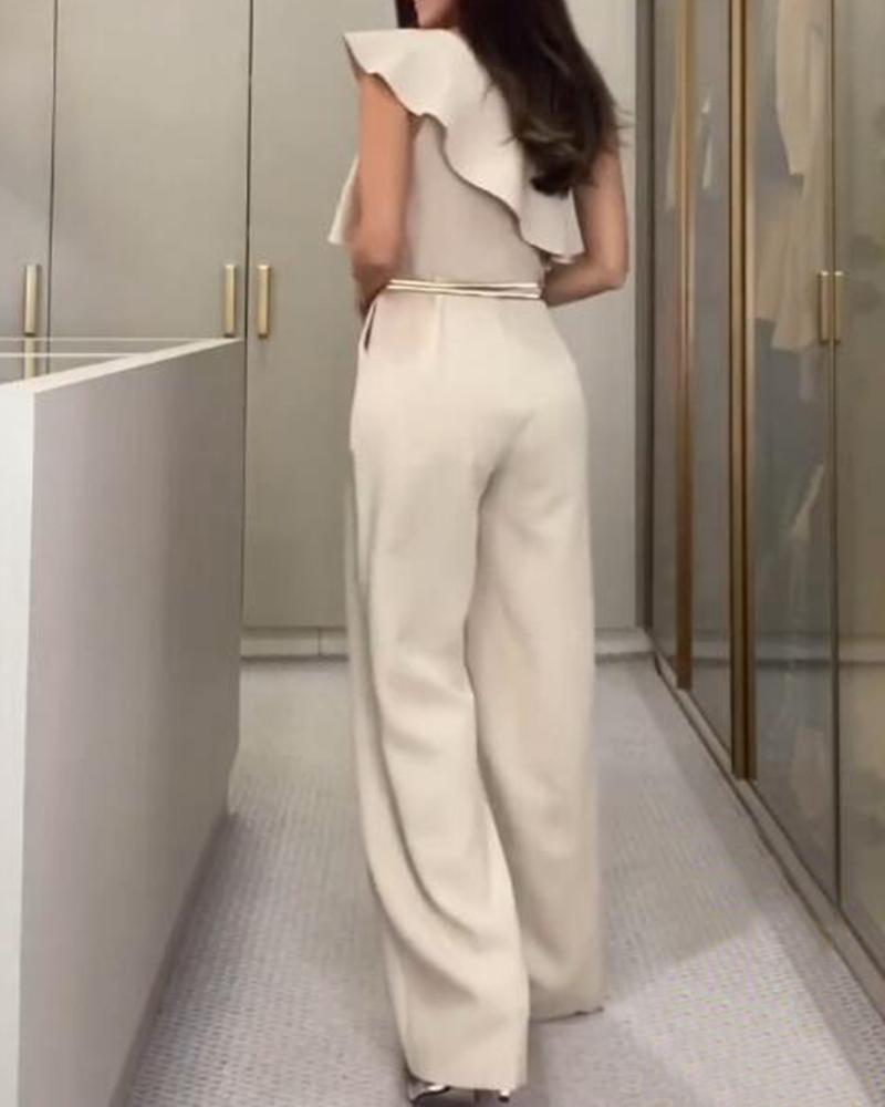 Sophia One-Shoulder Jumpsuit Met Ruches en Wijde Pijpen