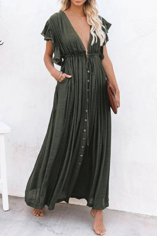 Margarita Ivory – maxi zomer jurk met delicate ruches en een subtiele glans